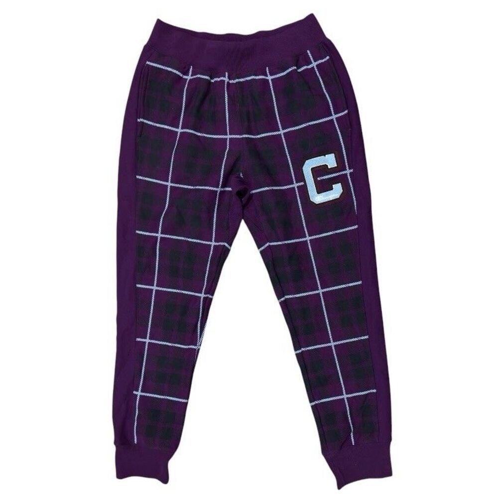 Champion Reverse Weave Plaid Jogger Sweatpants Mens Large Purple C Logo